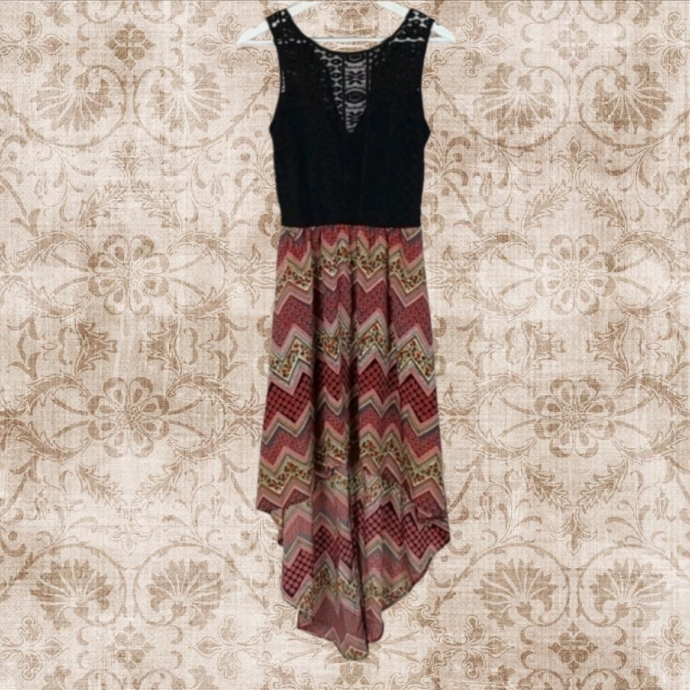 Black Lace Red Tan Chevron Dress Bohemian Style Dress